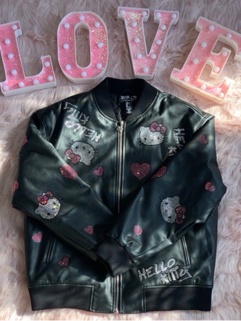 Hello Kitty Black Faux Leather Jacket with Pink Sequin Hearts